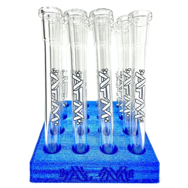 Alien Flower Monkey 14mm 5" Clear Glass Downstems in Blue Display Stand