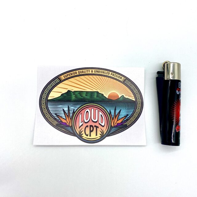 LOUDcpt Table Mountain Logo Sticker with Clipper Lighter for scale