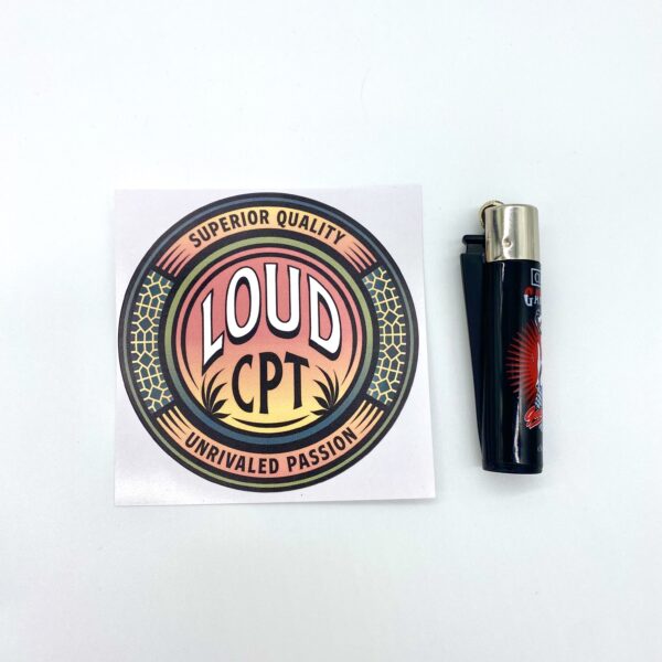 LOUDcpt Logo Sticker Gradient with Clipper Lighter for scale