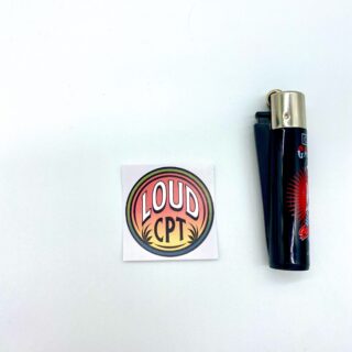 Small LOUDcpt Logo Sticker Gradient with Clipper Lighter for scale