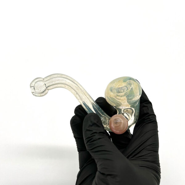 Hand holding Praxis Glass One Piece Sherlock Pipe - Clear with gold accents